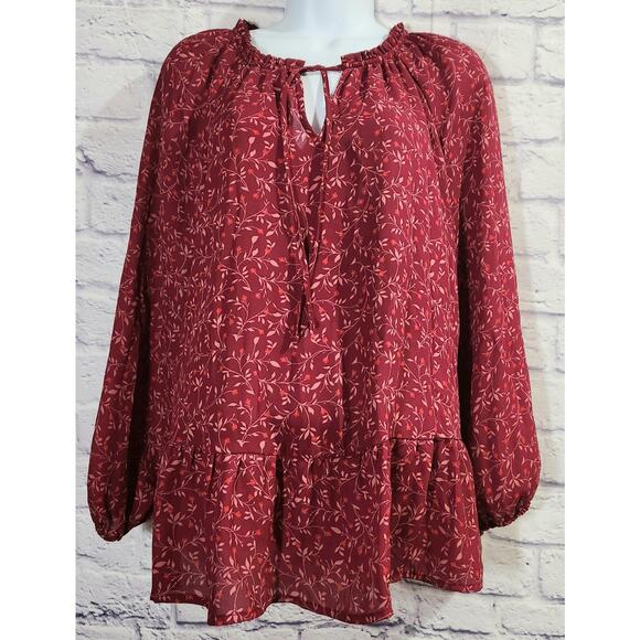 Old Navy Burgundy Floral Print Ruffled Hem Top L Lightweight Soft Flowy Tie Neck - Picture 1 of 6